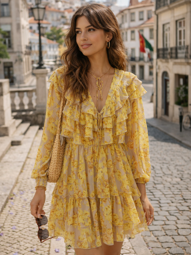 VESTIDO FOLHOS AMARELO